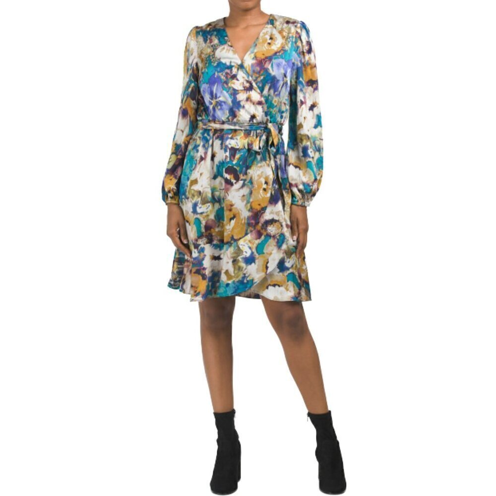 NWT NICOLE MILLER NY Women's Long Sleeve Floral Satin Wrap Style Mini Dress
